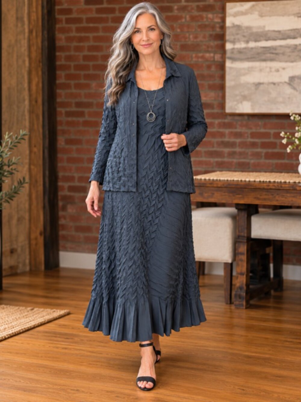 Babette Charcoal Gray Crinkle Textured Maxi Dress Jacket Set M Minimalist